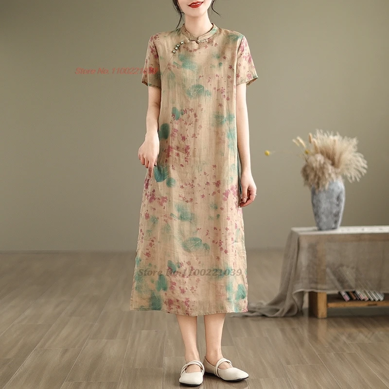 2025 chinese vintage dress national flower print a-line dress cheongsam improved qipao dress traditional folk dress streetwear