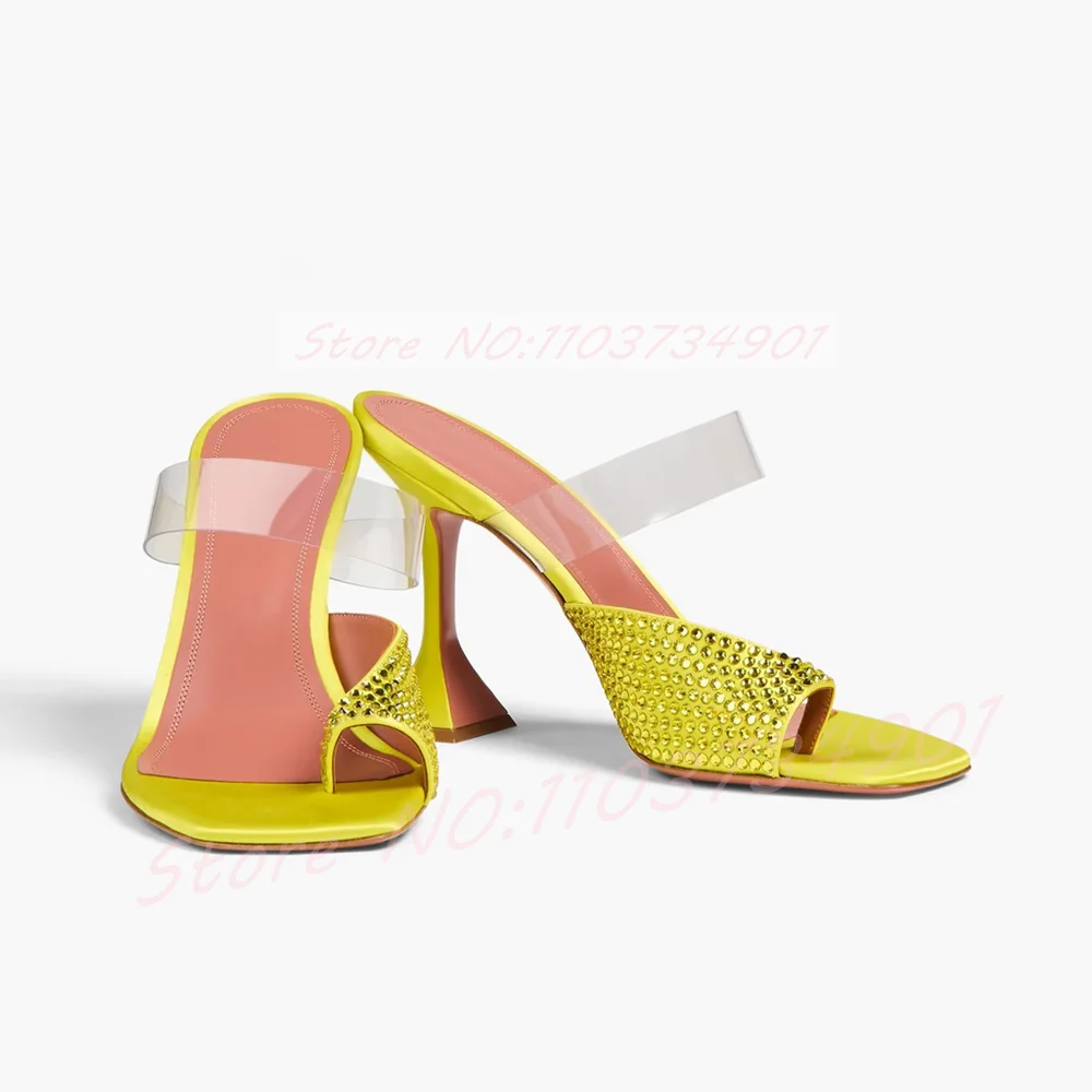 Crystal Toe Strap Yellow Satin Flared Heel Mules Women Clear PVC Square Open Toe Flip-Flops Slide Sandals Summer Party High Heel
