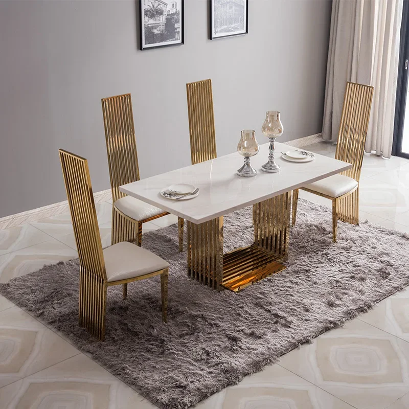 MANBAS Luxury Modern Dining Table Set with High-Back Gold Metal Chairs, Marble Table, Elegant Design for Kitchen and Dining Room