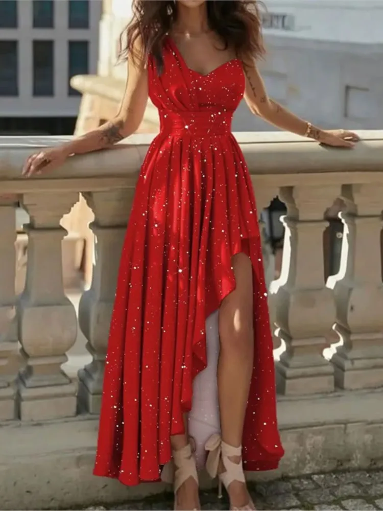 Sequin Solid Color Slant Shoulder Dress Irregular Slit High Waist Sleeveless Robe Party Prom Nightclub Business Fashion Vestidos