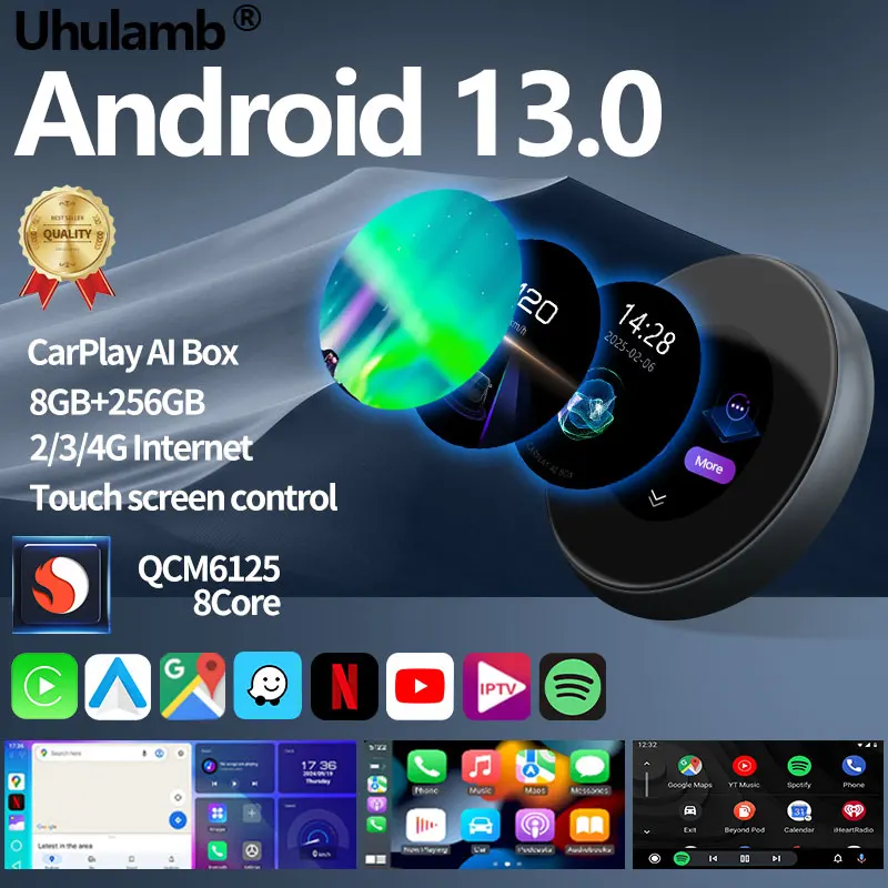 Uhulamb Android 13 Ai Box QCM6125 8 + 256 GB für BMW Wireless CarPlay & Android Auto für GPS Navi Netflix mit Touch-Runddisplay