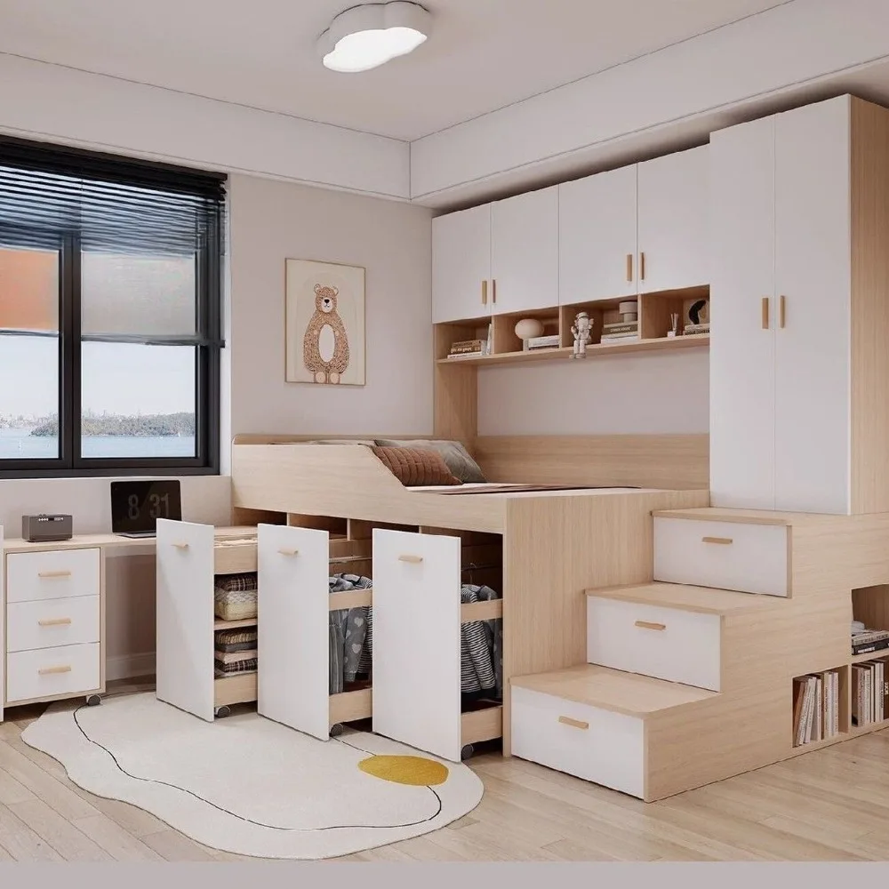 Custom Solid Wood Loft Bed with Wardrobe Desk Storage Drawers Step Ladder Half High Platform Bed Space Saving for Bedroom