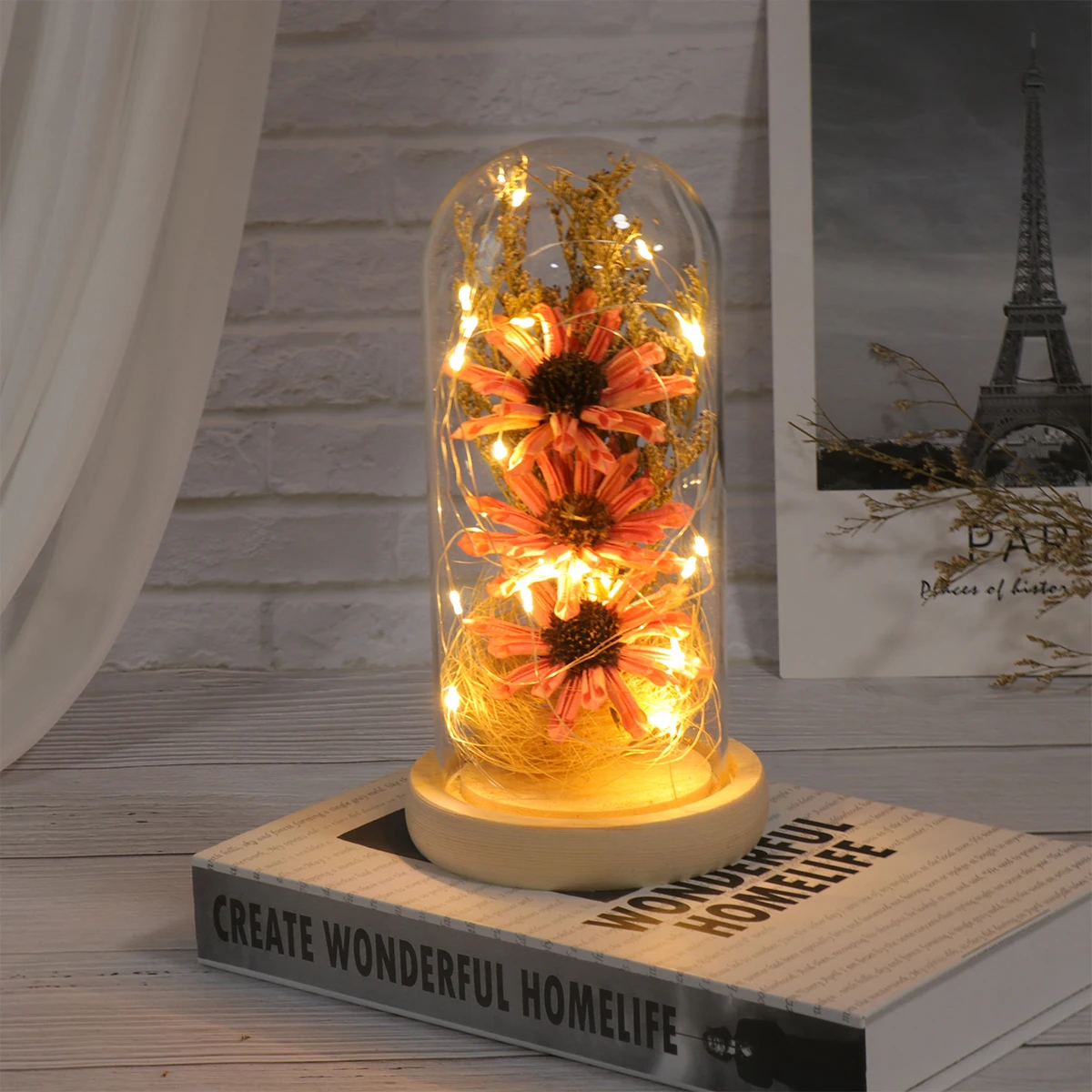 

Creative Flower Dome Lamp LED Glass Night Light for Home Wedding Party Decoration Flat Base Mini Dome Lamp Warm Light