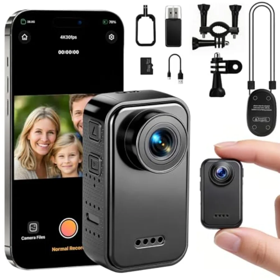 

4K Mini Body Camera for cycling, hiking, running, vlogging, pet walking; ABS plastic, black; hands-free POV magnetic wearable c
