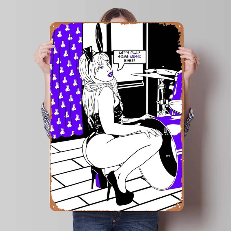 

Эротический кролик девушка барабанщик металлическая табличка Ретро винтажный жестяной знак табличка для стены Искусство украшения стены Декор для гостиной