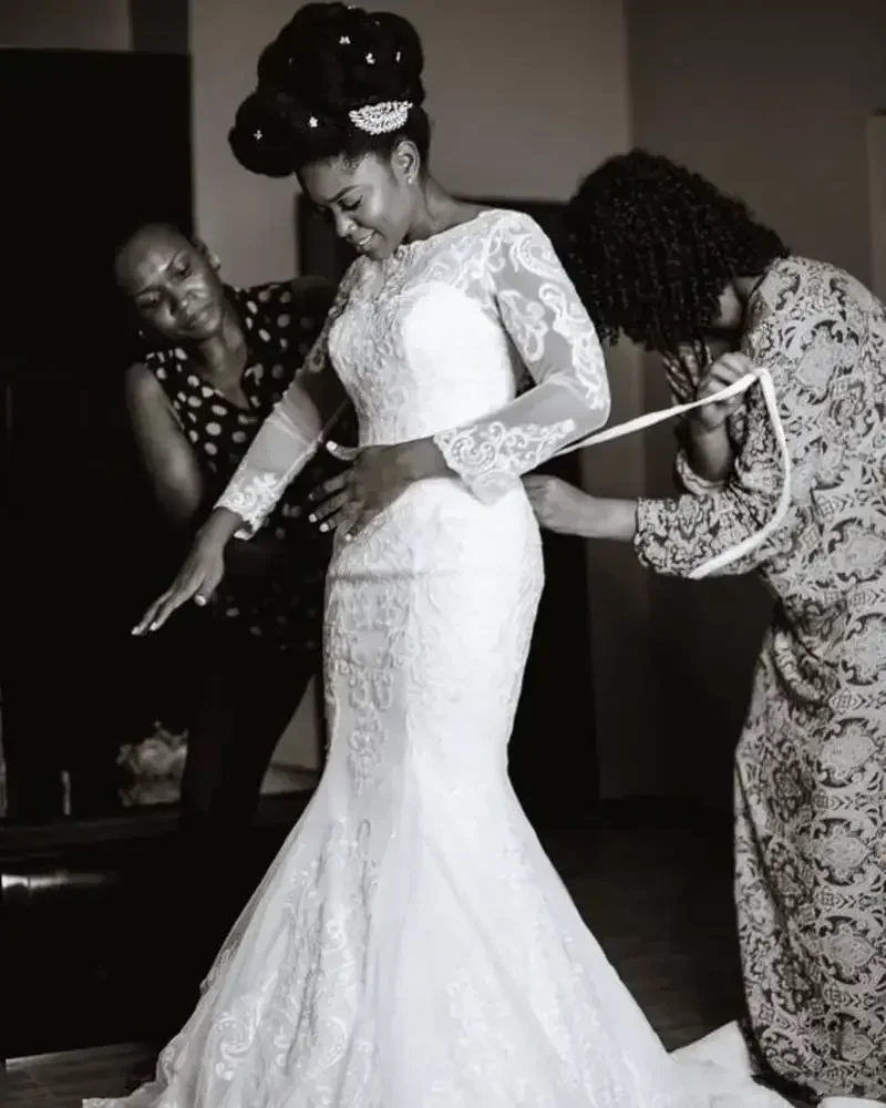 Personalizado plus size apliques personalizados sereia trompete renda manga longa saia destacável dois em um vestidos de casamento