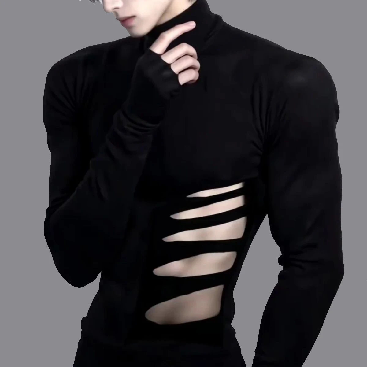Men Summer T Shirt Long Sleeve Tee Tops Half Collar Clothing Sexy Muscle Skinny Tshirt Side Cut Hollow Out Ripped Slim Autumn
