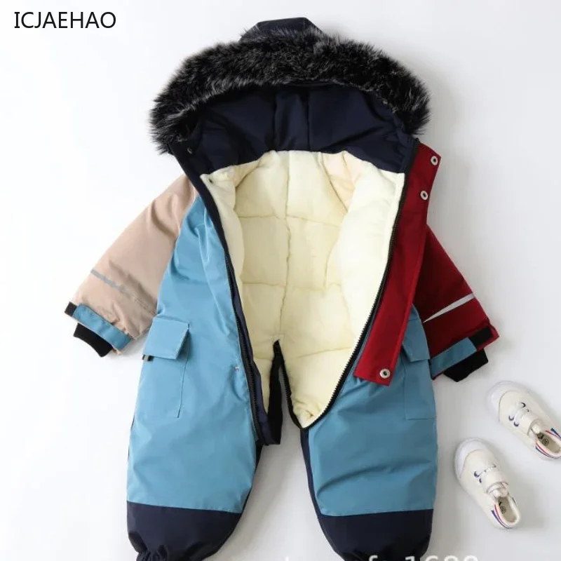 ICJAEHAO 2024 Children Jumpsuits Thick Warm for Boys Baby Coat Winter Patchwork Color Hooded Baby Girl Romper Skiing Clothing