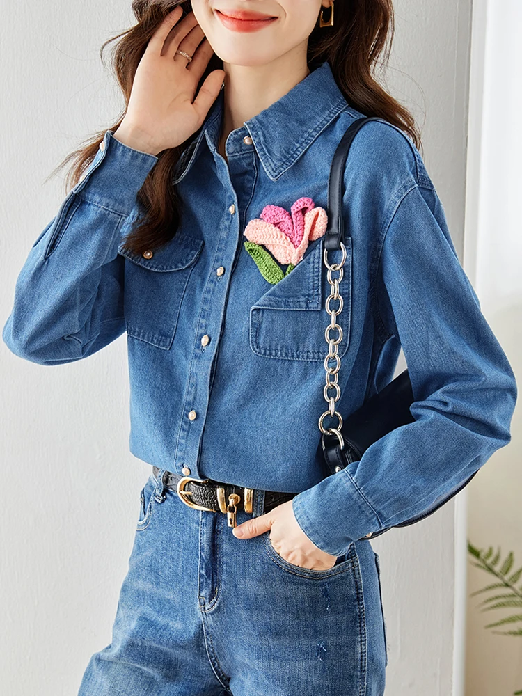 Turn-down Collar Single-breasted Loose Denim Shirts For Women 2024 Autumn Vintage Casual Shirts Fashion Hooked Flower Tops