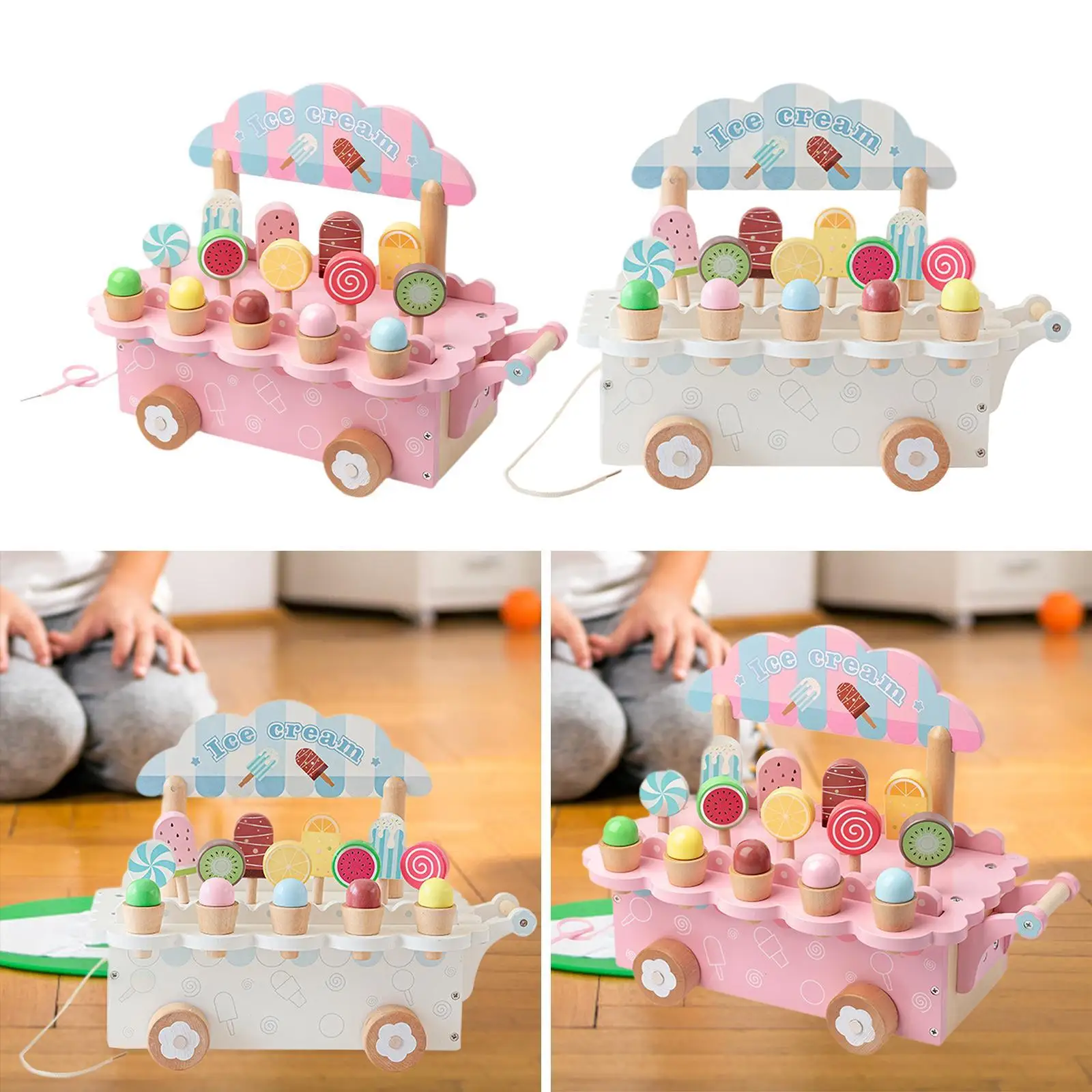 Wooden Ice Cream Cart Toy Play Kitchen Accessories Wooden Popsicle Set for Kids Children 3-8 Year Old Boys Girls Birthday Gifts