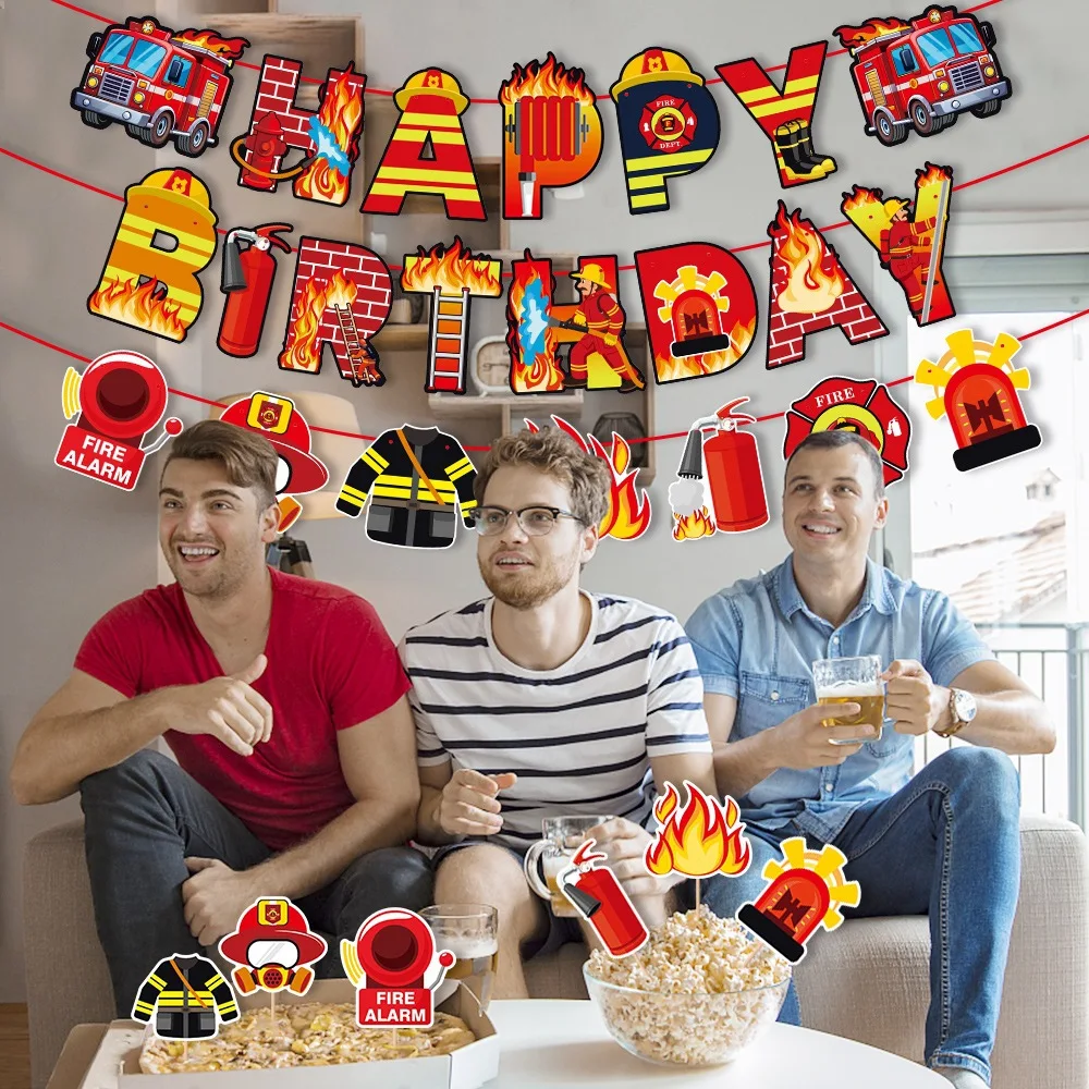 Cartoon Brandbekämpfung Thema Papier Banner Wirbel hängen Feuerwehrauto Cupcake Topper für Kinder Jungen Geburtstag Baby Shower Party Dekor – Detail 6
