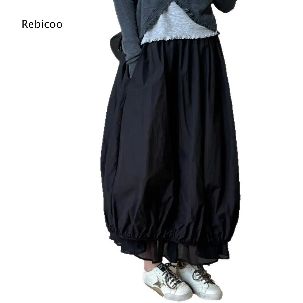 Women Elastic Waist Balloon Long Skirt Double Layer Loose Puffy Hem With Side Pockets Casual A Line Maxi Skirt For Daily Wear