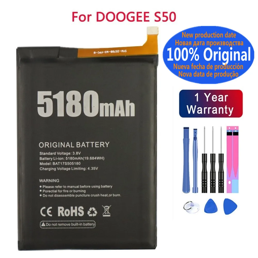 100% High Quality Original Battery For DOOGEE S50 Phone BAT17S505180 Replacement Bateria 5180mAh + Tools