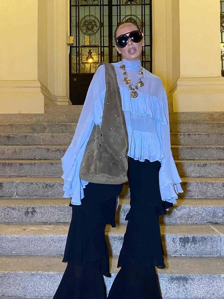 

Женская элегантная блузка Lady Blue с расклешенными рукавами и оборками, полувысоким воротником, прозрачными многослойными вставками, свободного кроя, летняя шифоновая рубашка 2026