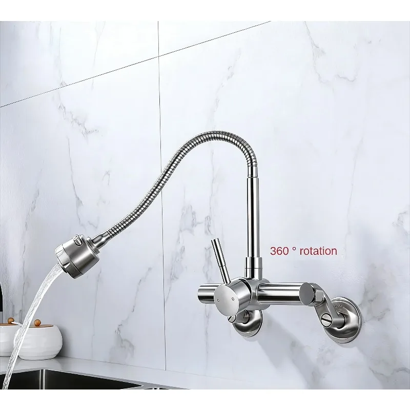 Flexible Wall-Mounted Kitchen Sink Faucet with 360° Swivel Spout, Multi-Purpose Kitchen Hot and Cold Water Mixer Tap