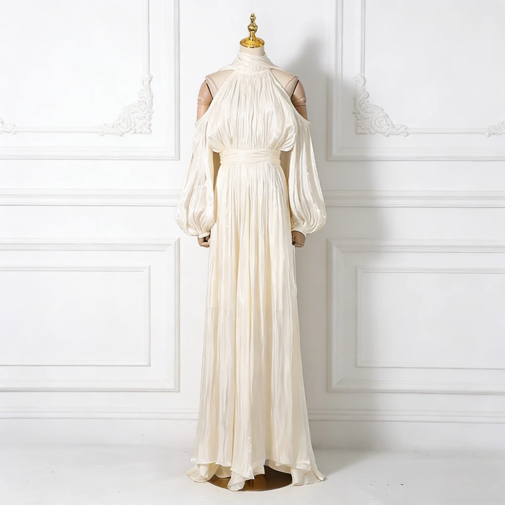 VGH elegante vestido de cinta empalmado con hombros descubiertos para mujer, vestidos de noche lujosos de cintura alta con mangas acampanadas y cuello Halter para mujer