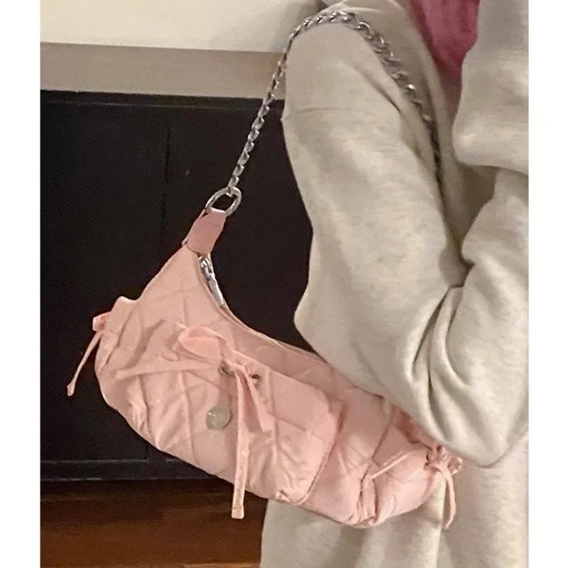 Xiuya Elegant Pink Shoulder Bag for Women Summer Fashion Leather Casual Cute Handbag Chains Hot Girls Daily Gentle Armpit Bag