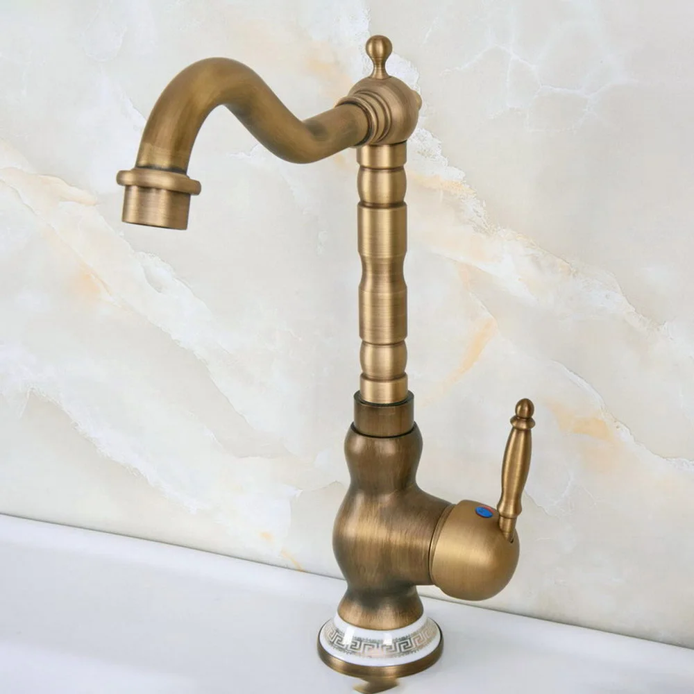 Rubinetti per lavabo in ottone antico Miscelatore per lavabo da bagno Montaggio su piano Maniglia singola Rubinetto per bagno monoforo Ottone caldo e Col Lnf611