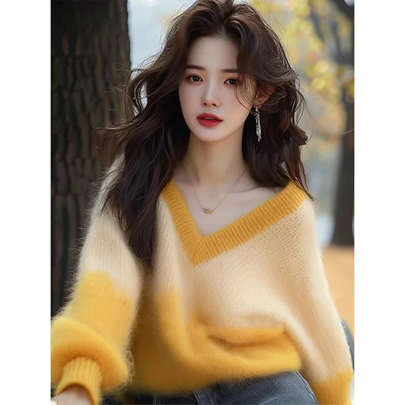 Women Clothing Chic Gradient Color Knitted Sweater Women Loose Soft Pullovers Spirng Fashion Casual Vintage Knitwear