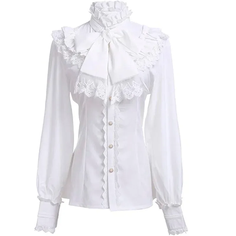 Womens White Bowknot Lace Ruffled Shirts Vintage Vampire Renaissance Victorian Steampunk Gothic Medieval Shirt Halloween Costume