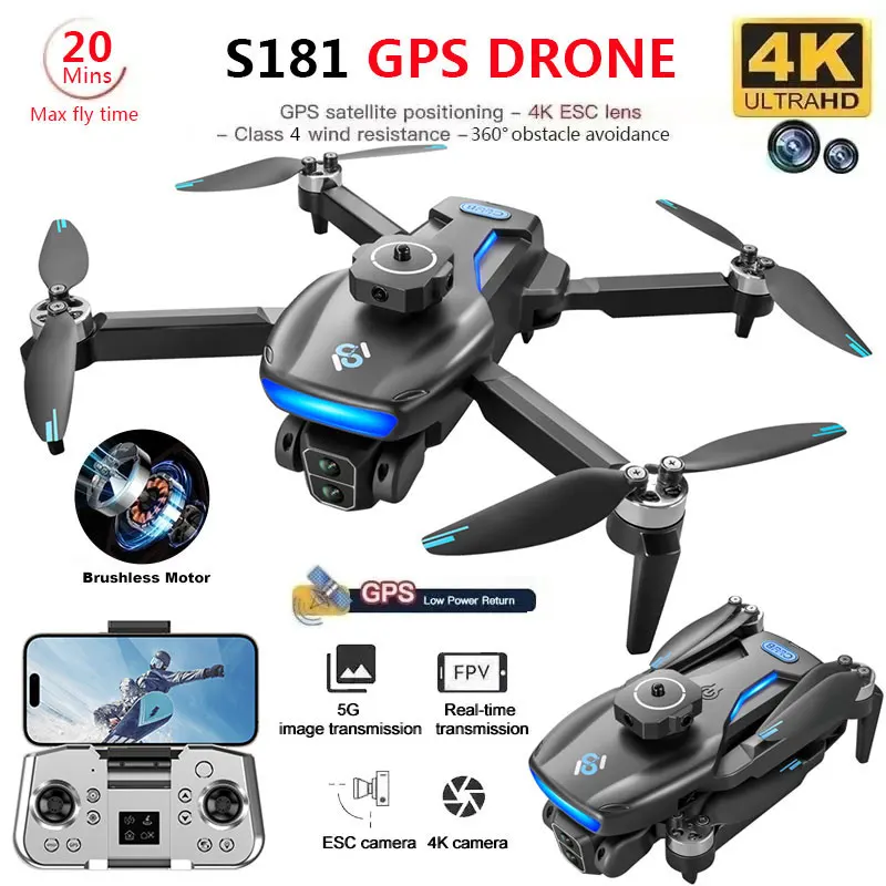 S181 GPS Drone 4K Professional HD Dual Camera 5G Wifi Photography Brushless Foldable Quadcopter RC Distance 1.2KM Drones Toys