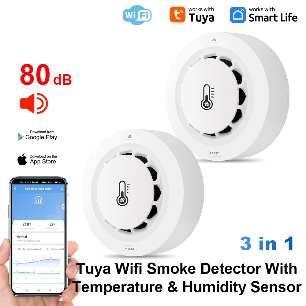 Tuya Wifi BT Rookmelder met twee aansluitingen Temperatuur-vochtigheidsmeetapparaat 80dB Geluidsalarm Afstandsbediening Push Alert-functie