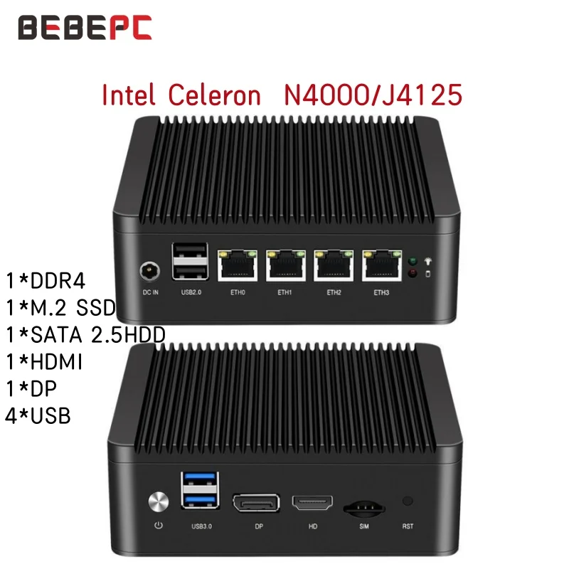 

BEBEPC Mini PC 4 LAN 2.5G Fanless Celeron J4125 N4000 DDR4 Firewall Pfsense Computador Windows 10 Linux Ubuntu Router WIF minipc