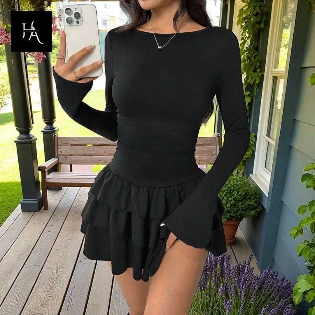 Damen-Kleid mit Rundhalsausschnitt und langen Ärmeln, figurbetont, mit geraffter Taille, mehrlagigem Rüschenrock, schmal geschnitten, Minikleid, lässig, Streetwear, Club, Party – Detail 12