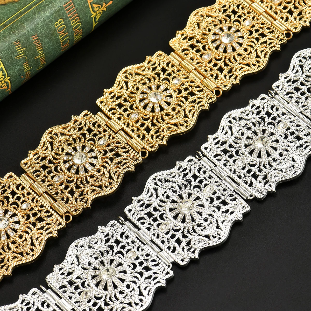 女性用の豪華なカフタンベルト、金属中空彫刻アラビアウェディングドレスパーティーウエストチェーン、アラビアフェスティバルジュエリー