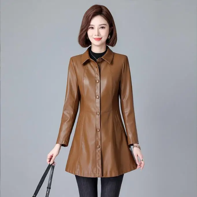 

New Women Spring Autumn Leather Coat Casual Fashion Turn Down Collar Medium Long Loose Trench Coat