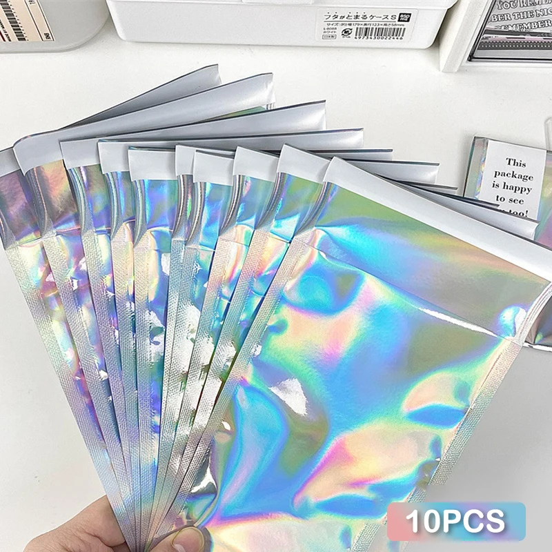 10Pcs Holographic Rainbow Flat Foil Mailing Envelope Resealable Smell Proof Self Adhesive Bags for Courier Storage Gift Package