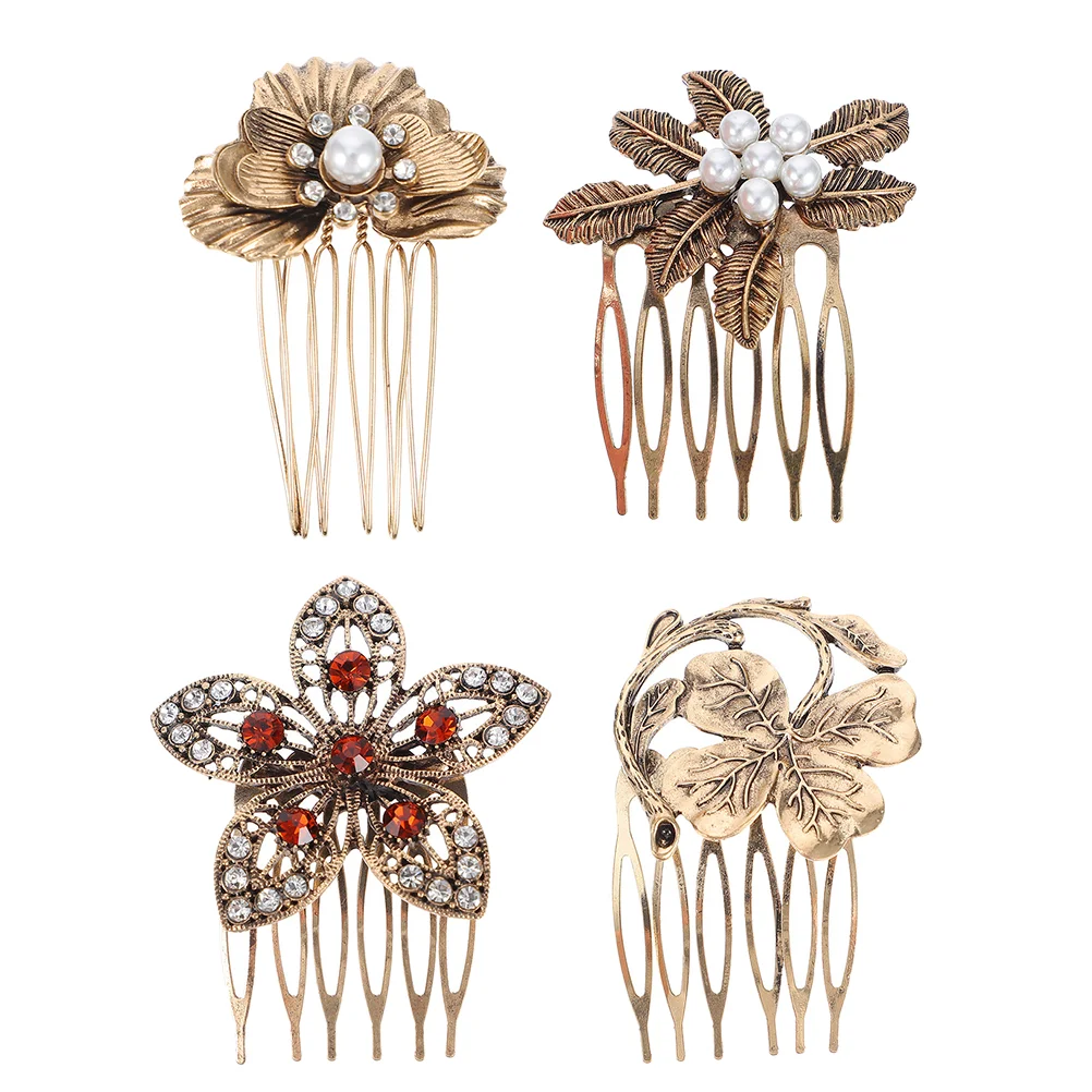 

4 Pcs Hairpin Barrettes Leaf Pearl Accessories Headdress Diamond Decors Zinc Alloy Women Women's Comb Hairpins