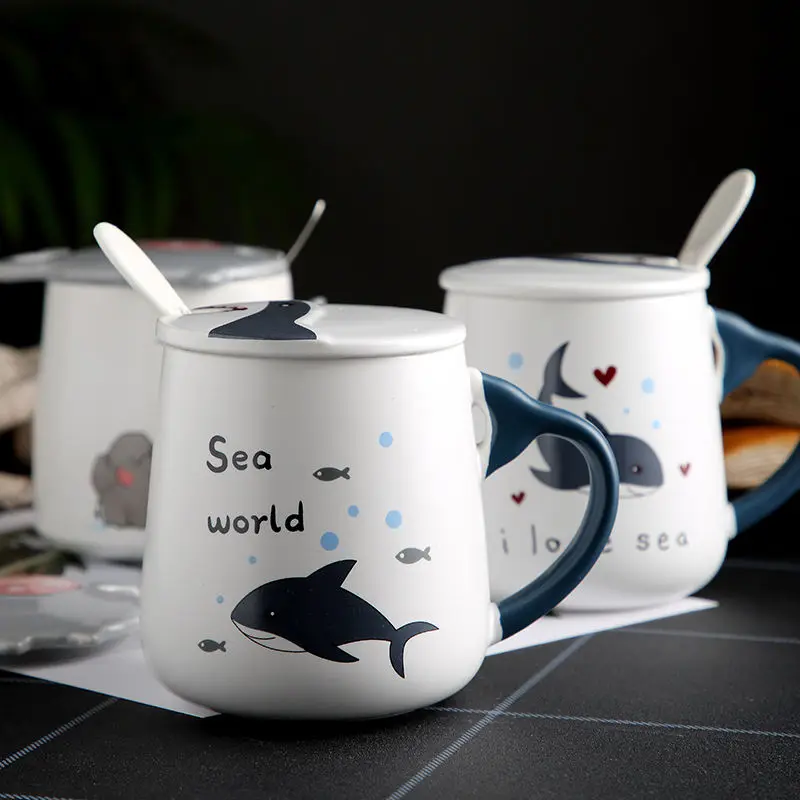 HF Coffee Mug with Lid 420ml Ceramic Mugs Cartoon Cactus Shark Cat Dog Fruits Mugs with Spoon Milk Coffee Cup Novelty Gifts