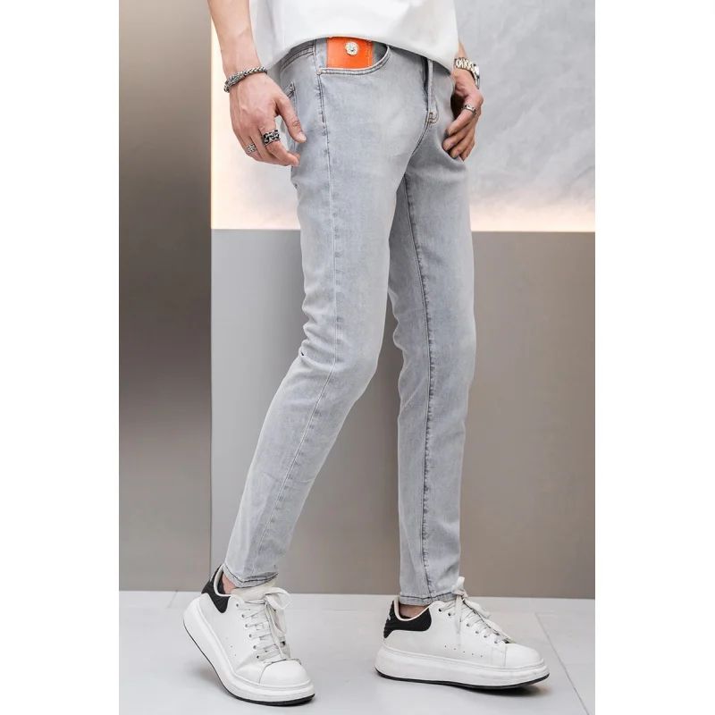 Light Gray Summer Jeans Men's Fashionable Simple High-End Quality Men's Stretch Slim Thin Light Luxury Trousers