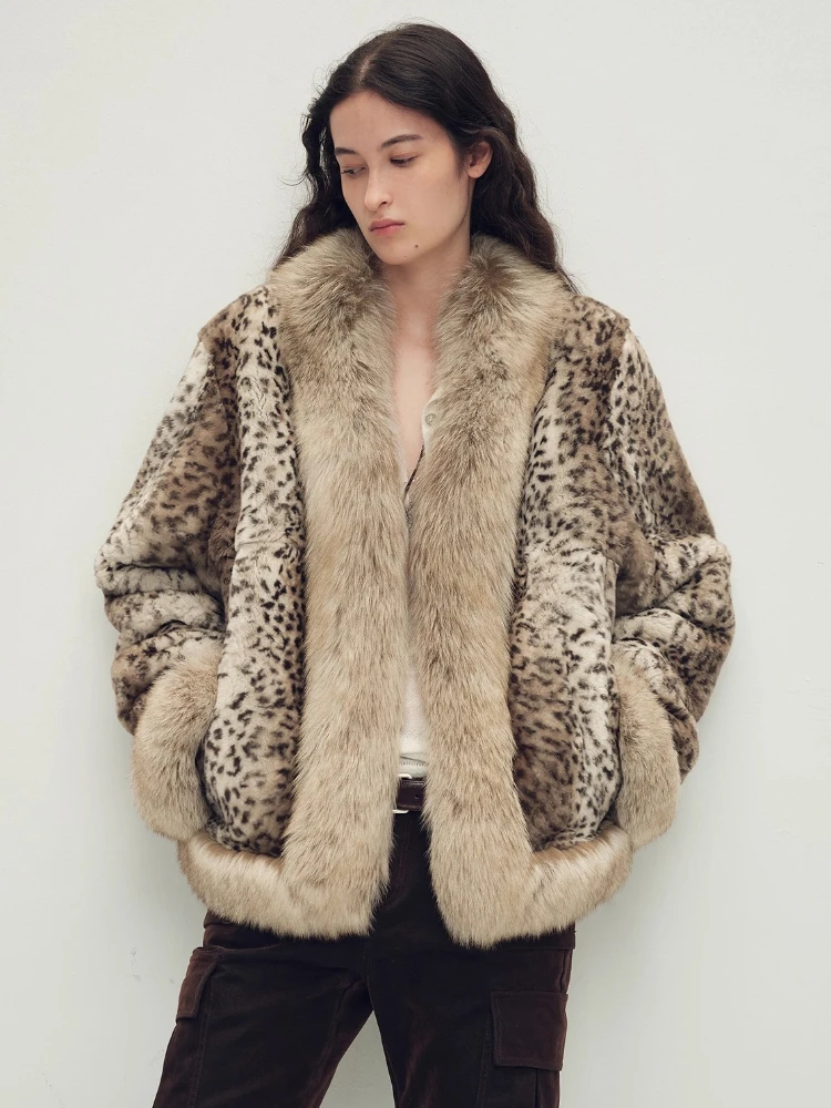 

High-end Luxury Leopard Print Rex Rabbit Fur Jackets for Women Simple V-neck Short Winter Natural Fox Fur Collar Real Fur Coat