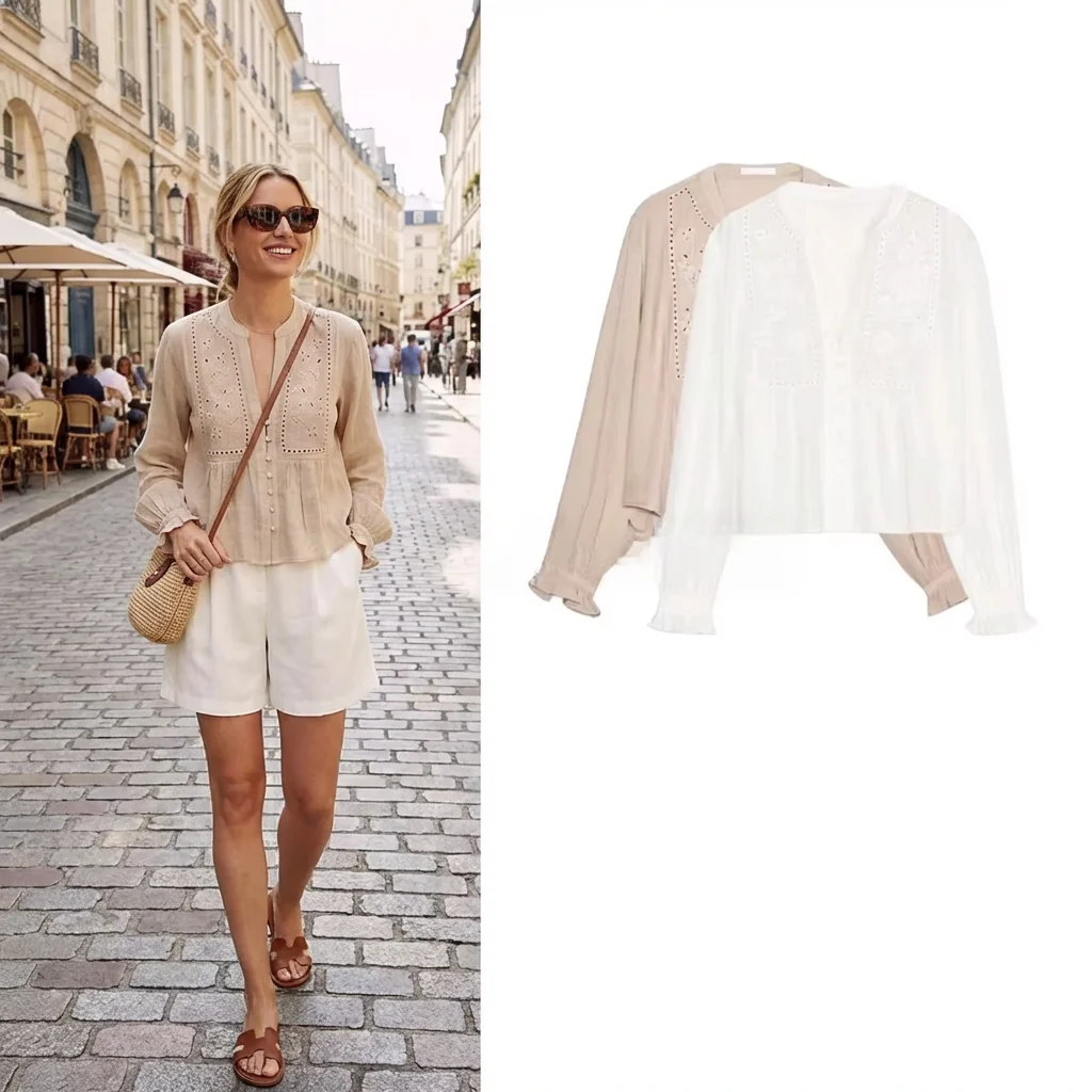 

New Women's Embroidered Hollow out Long Sve V-Ne ort irt Layered Decoration Commute Sle Loose Fit Summer 2025