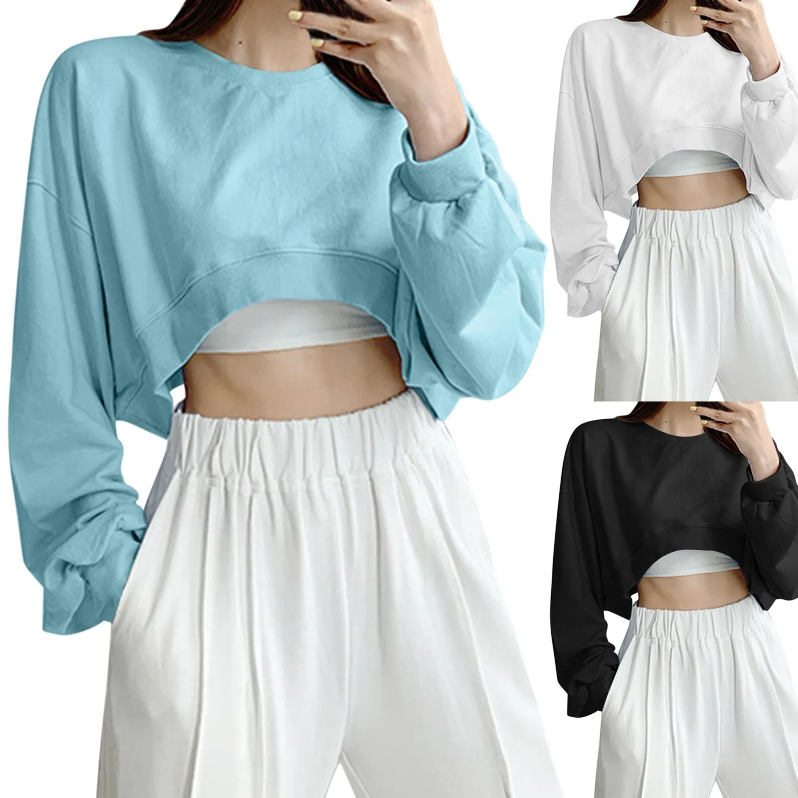 Short T-Shirt Women Solid Color Loose Round Neck Long Sleeve Cropped Top High Waist Navel Exposed Simple Casual Basic Summer