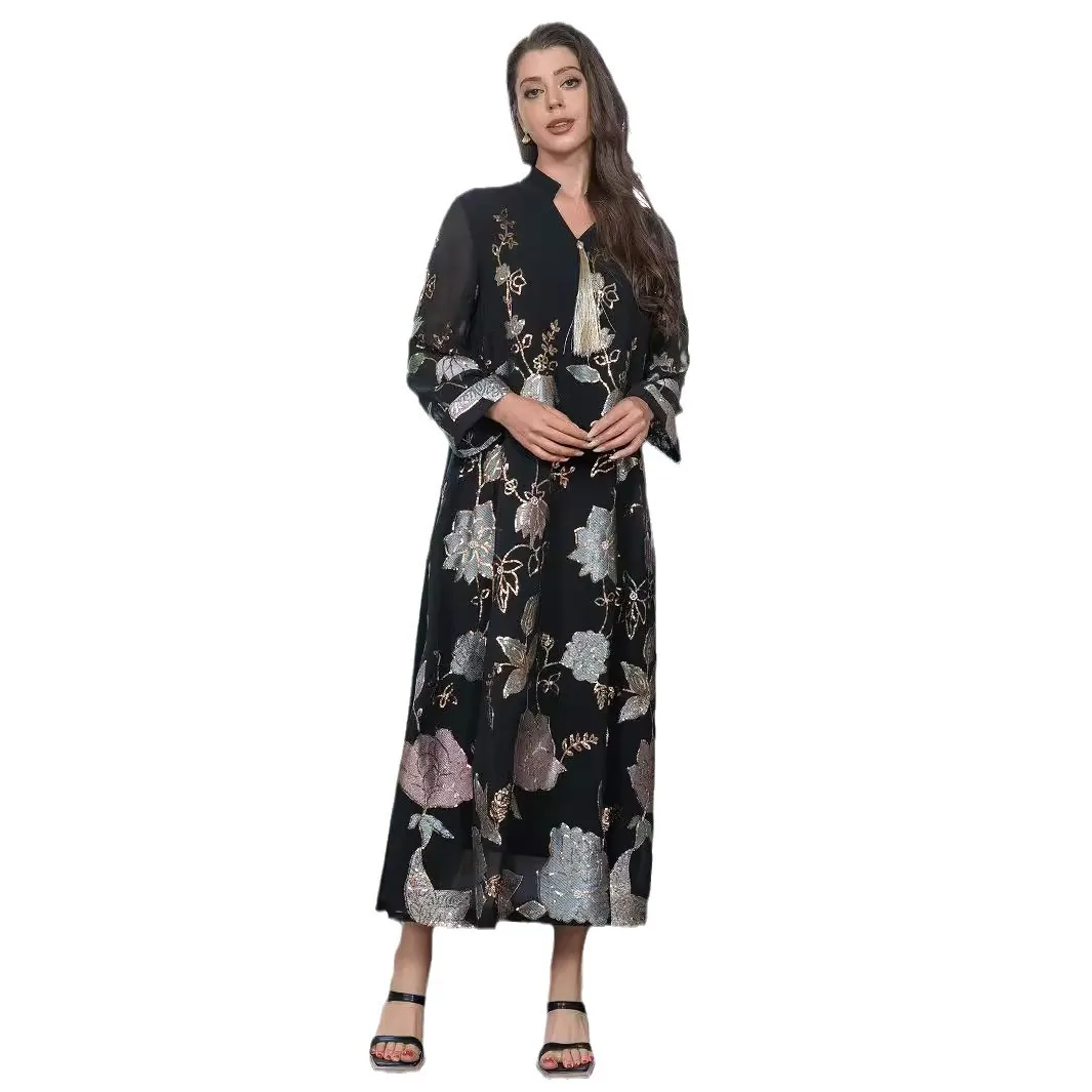 Medio Oriente transfrontaliero I Nuovo abito musulmano con paillettes ricamato Abito Dubai con frange alla moda da donna