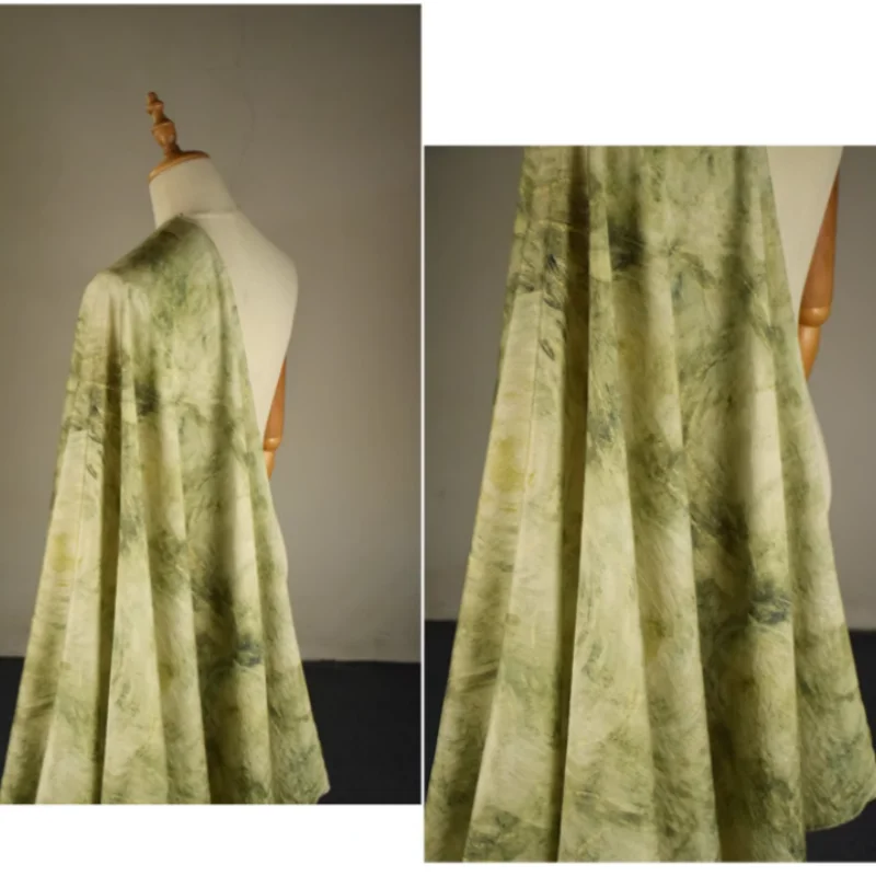 Green Abstract Smudge Print Sky Silk Cotton Fabric, Spring Summer Dress, Cheongsam, Pants, Han Cloth Sewing Tissue, Soft, T2314