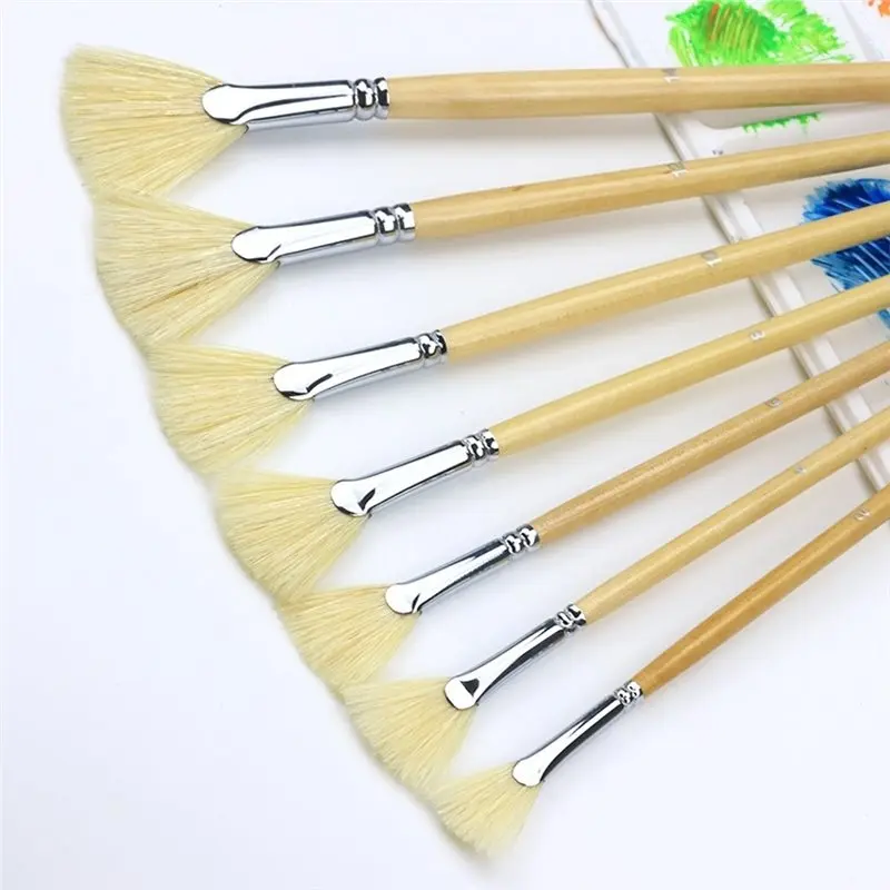 Fan Brush For Painting, 7 Pieces Fan Brush Set With Hog Bristle Natural Hair And Long Wood Handle User-Friendly