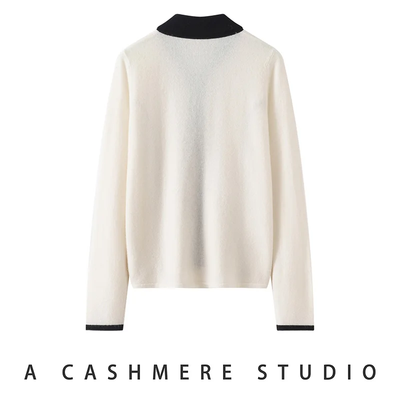Women's 100% cashmere zipper cardigan casual color matching sweater button POLO neck Tops knit Blouse autumn/winter warm Jumper