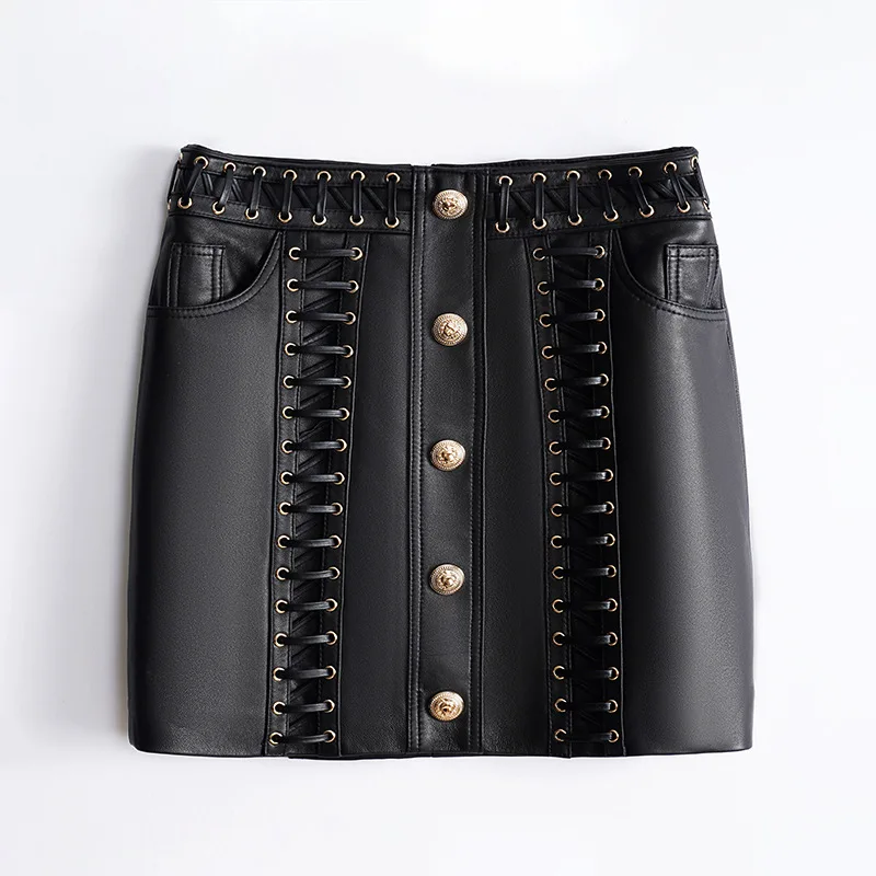 

2023 Genuine Leather Skirt Autumn and Winter New Sheepskin Single Breasted High Waist Wrapped Hip Spicy Girl Lace Up Half Body S