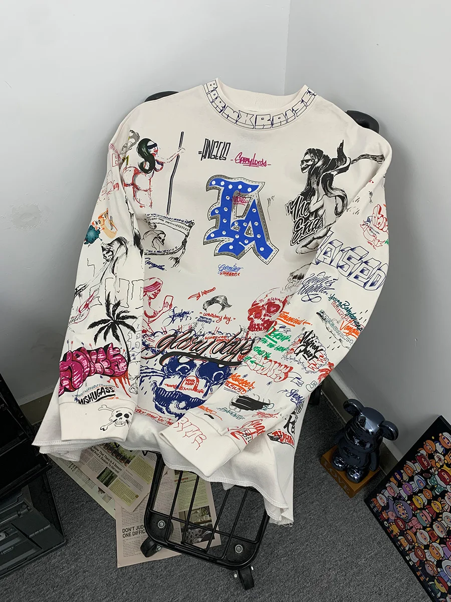 

Retro American Graffiti Diamond Dyeing Heavyweight Loose Long Sleeve T-Shirt Unisex Cotton round Neck Casual Style for Autumn