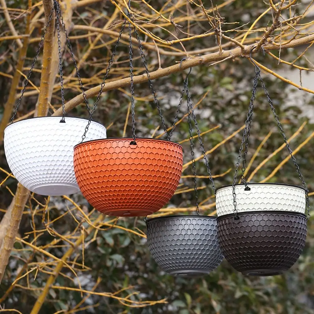Mit Abtropffläche und hängender Kette, hängender Blumentopf aus Wabenstruktur, selbstwasserender hydroponischer hängender Blumenkorb, stabiler Blumentopf aus Kunstharz