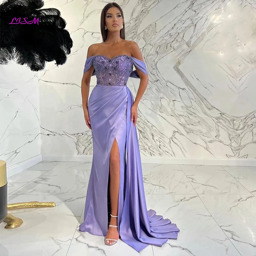 Lavender Crystals Beaded Satin Mermaid Prom Dresses Sexy High Side Split Pleat Ruched Evening Dress Wedding Party Gown 2023