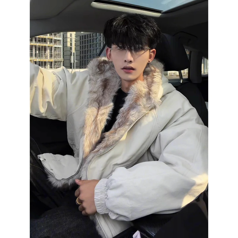 Men's 2025 Winter New High-End Hooded Faux Fur Collar Parkas Long Sleeve Thickened Cotton Jackets American Style Cotton Coats