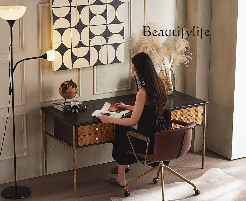 

Nordic modern retro designer hand-forged wrought iron desk medium ancient rattan solid wood computer desk