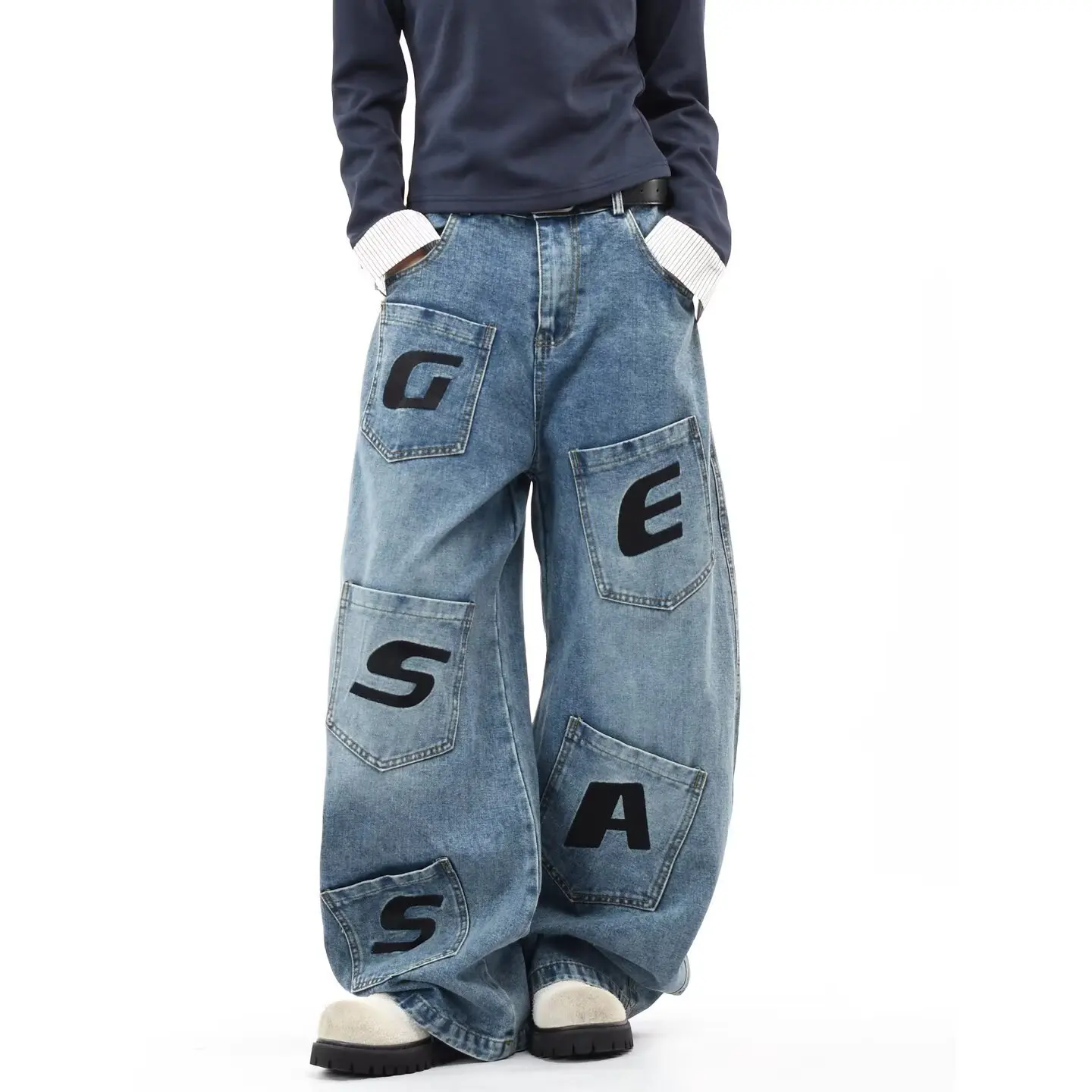 Women’s Vintage Graphic Print Denim Jeans Autumn Relaxed Fit Wide Leg Straight Leg Y2K Streetwear Trousers