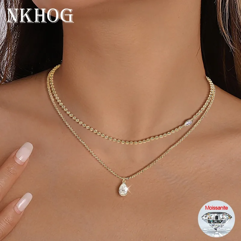 NKHOG Pear Cut Moissanite Necklace S925 Sterling Silver Plated 18K Women Water Drop Stackable Beads Neck Chain Gifts Jewelry GRA