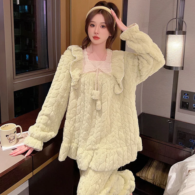 Autumn Winter Women\'s Coral Velvet Pajamas Long-Sleeved Sweet Bow Princess Thickened Loose Home Clothes